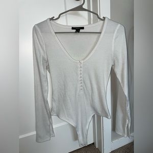 Medium White Ribbed Button Up Forever 21 Bodysuit